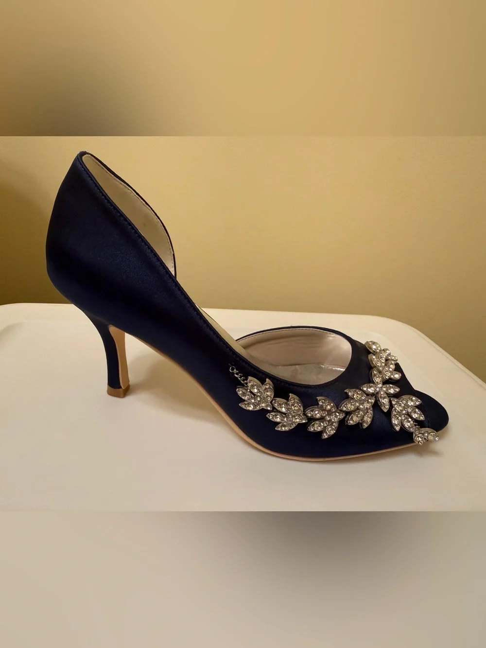 Sz 7 Sapphire Blue Satin Peep-Toe Heel with Crystal Leaf Embellishment